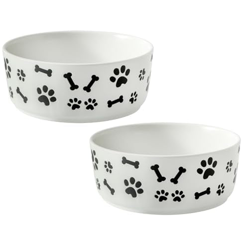 UBEE Ceramic Dog Bowl Set of 2, 5.5 inch Dog Food Bowl Dish with Bone Paw Pattern, Pet Food Water Dish Feeding Plates for Small Dogs, Puppy and Cat, White - color: White-dog paw, size: 5.5 inch x 2