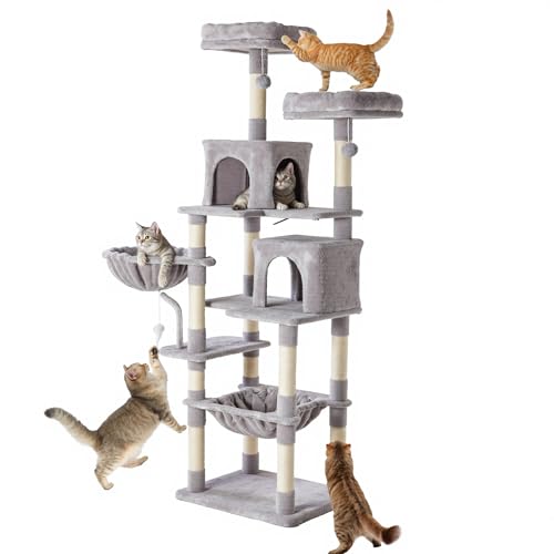 Large Cat Tree 71 Inch, Multi-Level Tall Cat Tree Tower with Condo, Perches, Sisal Scratching Posts and Hammock, Pet Play House with Dangling Balls for Indoor Cats, Light Grey - color: Light Grey, size: 71IN