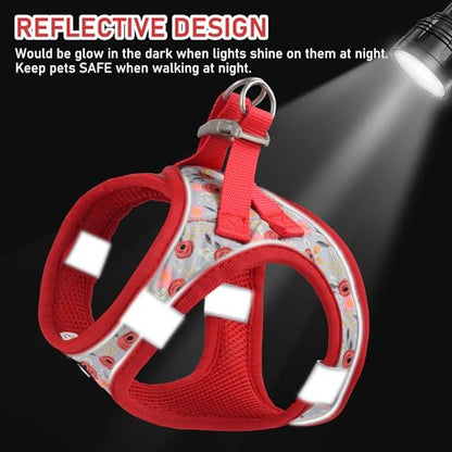 Small Dog Harness Collar and Leash Set, Step in No Chock No Pull Soft Mesh Adjustable Dog Vest Harnesses Plaid Reflective for Dogs Puppy Cats Kitten Rabbit (Red Flower, XXS) - color: Red Flower, size: XXS