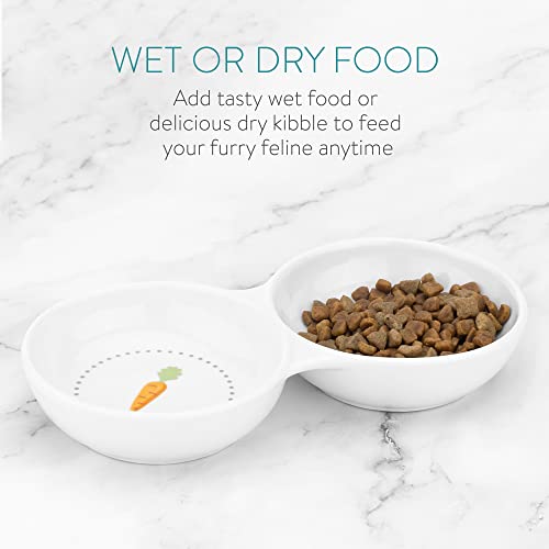 Navaris Double Food Bowl for Small Animals - Ceramic Food Bowls for Rabbits, Guinea Pigs, Small Pets - Rabbit Water Dish - Carrot and Grass Design - color: White