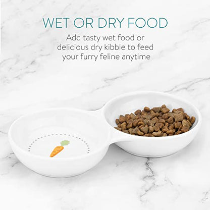 Navaris Double Food Bowl for Small Animals - Ceramic Food Bowls for Rabbits, Guinea Pigs, Small Pets - Rabbit Water Dish - Carrot and Grass Design - color: White