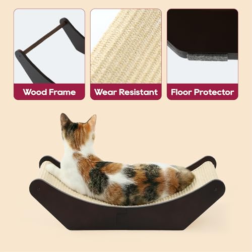 Zakkart Cat Sisal Scratching Bed Hammock, 2-in-1 Cat Scratcher & Lounging Bed, 100% Natural Sisal Mat, Solid Wood Frame, Cat Furniture Protector (Medium, Dark Stained)