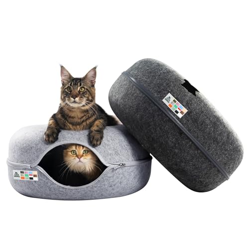 Cattasaurus Peekaboo Cat Cave Donut for Multiple & Large Cats up to 30-45 lbs, 3-in-1 Self Warming Cat Bed, Tunnel & Scratcher for Indoor Cats, Washable & Detachable (Light Gray + Dark Gray, Large) - color: Light Gray + Dark Gray, size: Large