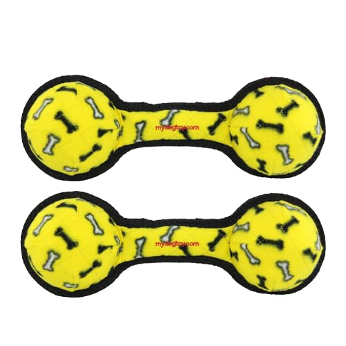 TUFFY- World's Tuffest Soft Dog Toy- Tug O War -Squeakers - Multiple Layers. Made Durable, Strong & Tough.(Tug,Toss & Fetch).Machine Washable & Floats (2Ball Tug Yellow Bone, Large 2 Pack) - color: 2Ball Tug Yellow Bone, size: Large 2 Pack