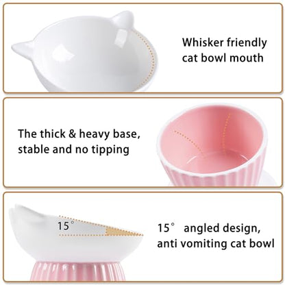 Ceramic Raised Cat Bowl，Tilted Raised Bowl Anti Vomit for Indoor Cats Whisker Friendly Pet Feeder for Cats Puppies, Microwave and Dishwasher Safe (Blue) - color: Pink