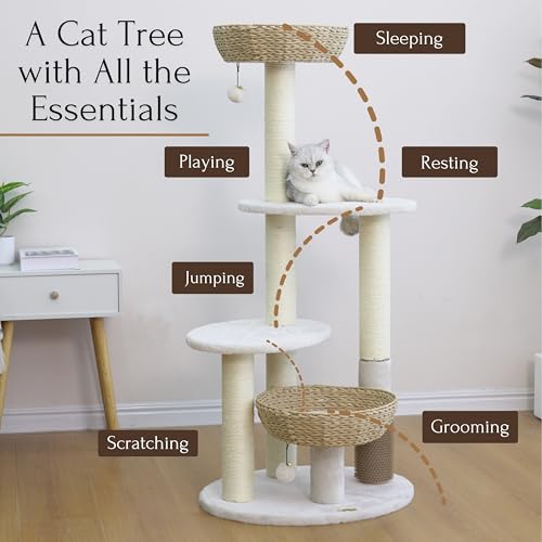 PetPals® Pharaoh 5-Level Cat Tree with Recycled Paper Rope Baskets, Sisal Scratching Posts, Teaser Toy, Massager, Eco-Friendly Boho Cat Furniture for Cats Up to 15 lbs - color: Beige