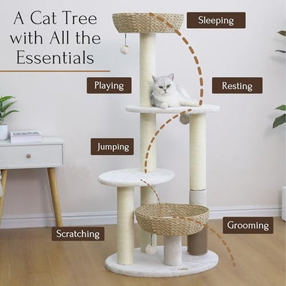 PetPals® Pharaoh 5-Level Cat Tree with Recycled Paper Rope Baskets, Sisal Scratching Posts, Teaser Toy, Massager, Eco-Friendly Boho Cat Furniture for Cats Up to 15 lbs - color: Beige