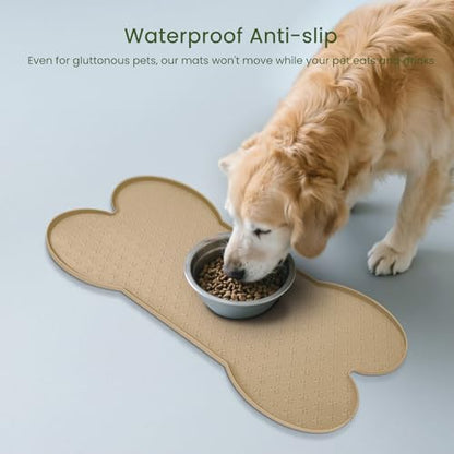 PWTAA Dog Food Mat Anti-Slip Silicone Dog Bowl Mat Thicker Pet Placemat Waterproof Cat Feeder Pad with Raised Edge Puppy Kitten Feeding Mats Suitable Small Medium-Sized Dogs Cats Eating Tray - color: Khaki, size: 19.4" x 9.8"