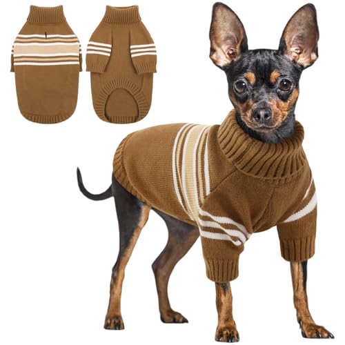 Queenmore Dog Striped Knitted Sweater, Turtleneck Pullover Pet Coat, Dog Winter Clothes with Leash Hole for Small Medium &Large Dogs(Brown,XS) - color: Brown, size: X-Small