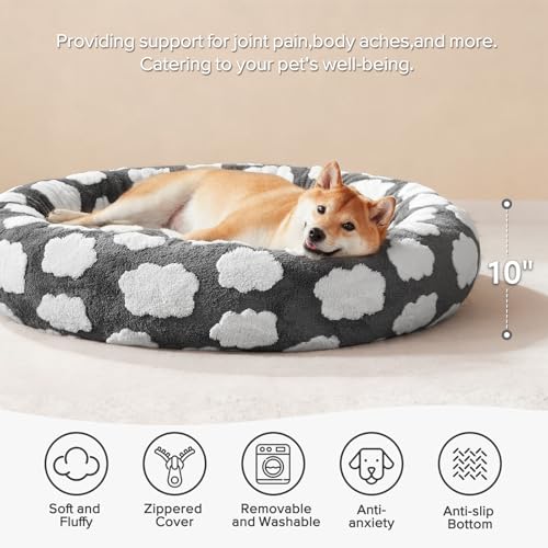 JOEJOY Donut Large Dog Bed, Cute Round Calming Dog Bed with Removable Washable Cover, Orthopedic Pet Beds with Jacquard Shaggy Plush & Non Skid Bottom, Black - color: Grey, size: L (36x36x10)