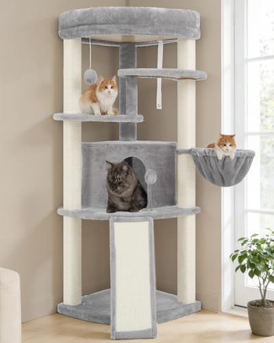 Gitelsnour Corner Cat Tree for Indoor Cats, Cat Tower with All Sisal Scratching Posts, Multi-Level Cat Condo wth Cat Cave, Large Top Perch, Hanging Basket, Sisal Ramp, Light Gray GCT025W - color: Light gray