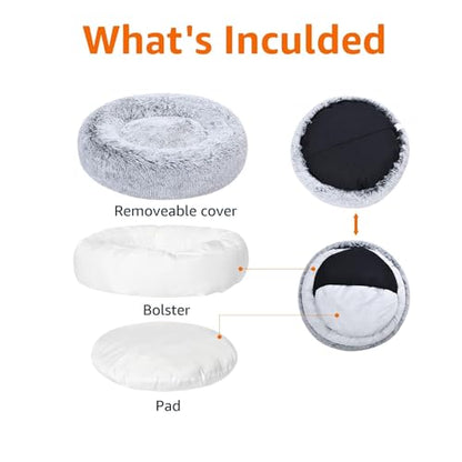 Amazon Basics Washable Donut Pet Bolster Faux Fur Bed with Removable Cover, Anti-Slip Bottom for Dog, Grey, 45" x 45" - color: Grey, size: 45" x 45"
