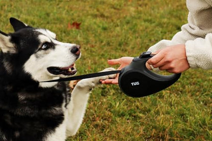 TUG 360° Tangle-Free Retractable Dog Leash with Anti-Slip Handle | 16 ft Strong Nylon Tape | One-Handed Brake, Pause, Lock (Large, Black/Grey) - color: Black/Grey, size: Large