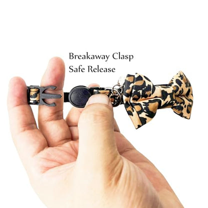 Breakaway Cat Collar, Leopard Pattern, Removable Bowtie, Clear Bell, Safe Release, Quick Release.(Brown Leopard) - color: Leopard Brown