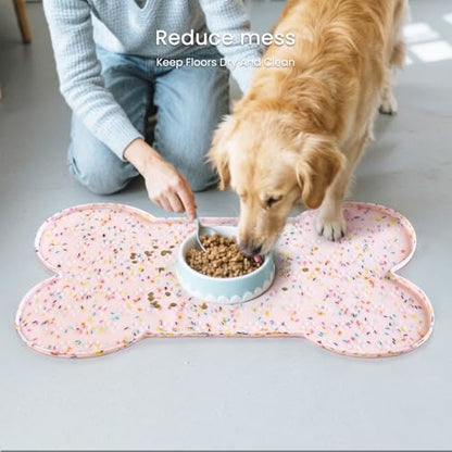 PWTAA Dog Food Mat Anti-Slip Silicone Dog Bowl Mat Thicker Pet Placemat Waterproof Cat Feeder Pad with Raised Edge Puppy Kitten Feeding Mats Suitable Small Medium-Sized Dogs Cats Eating Tray - color: Donut Pink, size: 25.6" x 13"