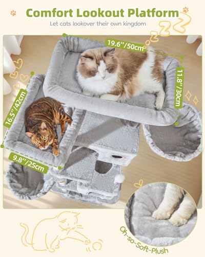 Taoqimiao Cat Tree Tower, 76-Inch Sturdy Cat Tree for Indoor Cats Large Adult Cat Tower with Scratching Posts，2 Condos, 2 Perches, 2 Large Hanging Baskets, Soft Hammock, MS046W Light Gray - color: Light Gray