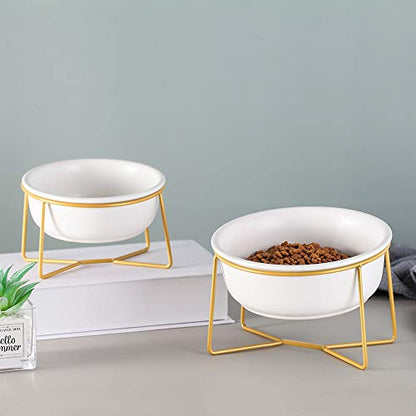 White Small Ceramic Tilted Elevated Cat Dog Bowl Raised Cat Food Water Bowl Dish Pet Comfort Feeding Bowls with Gold Iron Stand - color: White, size: Small