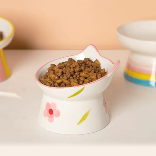 Ceramic Raised Cat Bowls, Anti Vomiting and Protect Pets' Spines for Indoor Cats Whisker Friendly Pet Feeder for Cats Puppies (Pink) - color: Pink