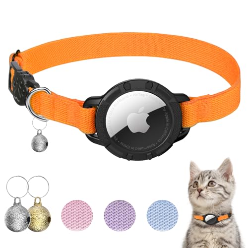 AirTag Cat Collars, Stretchy Collar with Apple AirTag Holder and Bell, Breakaway Ultra Design Elastic GPS Tracking Collars for Cats and Puppies, (7.5-12.5 Inch), Orange - color: Orange