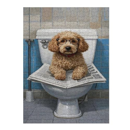 Goldendoodle On Toilet Reading Newspaper 500-Piece Wooden Jigsaw Puzzle, Playful Dog Illustration, Cozy Brain-Training, Fun for Teens