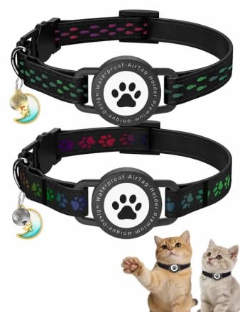 Airtag Cat Collar 2 Pack, Breakaway Cat Collar with AirTag Holder, Bell and Reflective Pattern, Lightweight Adjustable GPS Safety Collar for Cats, Boy and Girl Cats, Black（7.5-10.75"） - color: Black