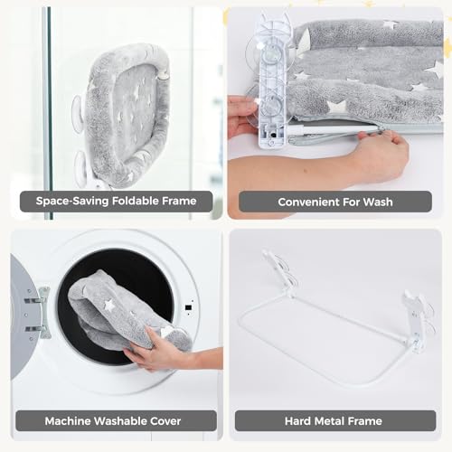 Cat Window Perch,Cordless Cat Window Hammock for Wall with 4 Strong Suction Cups,Solid Metal Frame and Two Replaceable Covers,Foldable Cats Bed for Large Cats and Kittens,Indoor Pet Seat,Grey L - size: Large