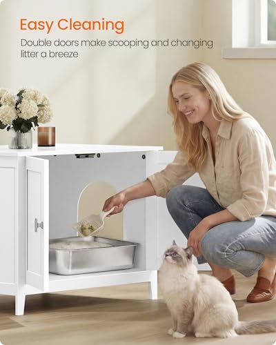 Feandrea Cat Litter Box Enclosure, Modern Hidden Cat Litter Box Furniture, Double Doors, Handles, Indoor Pet House Washroom, Living Room Side End Table, Cloud White UPCL015WB01