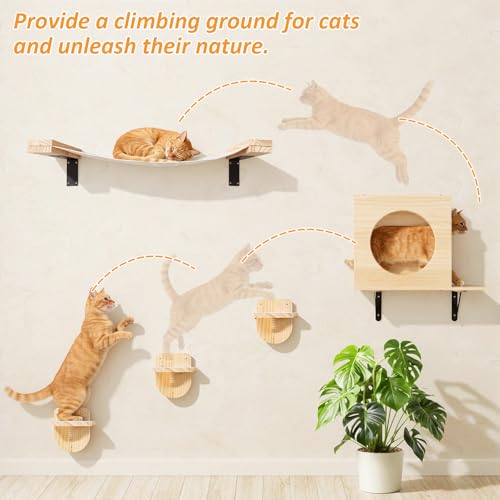 TIMIEEYA Cat Wall Shelves - Stable & Safe 5 in 1 Cat Walls Furniture Set, Wooden Kitten Climbing Wall with 1 Condos House, 1 Hammock & 3 Wall Steps - style: 5pcs with Hammock