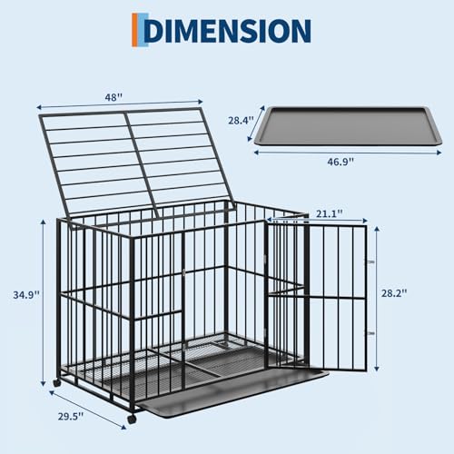 Heavy Duty 48 Inch Dog Crate for Large Sized Dogs, Indestructible Stainless Steel Escape Proof Dog Kennel Indoor with Lockable Wheels and Removable Tray, Stackable Dog Cage for High Anxiety Dogs - size: 48 inch