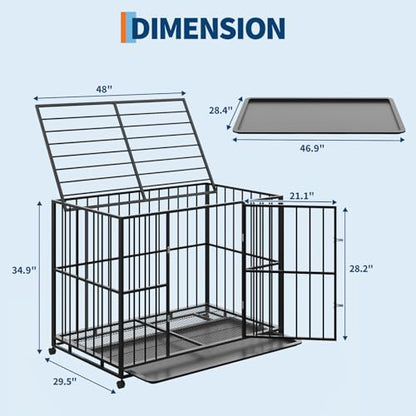 Heavy Duty 48 Inch Dog Crate for Large Sized Dogs, Indestructible Stainless Steel Escape Proof Dog Kennel Indoor with Lockable Wheels and Removable Tray, Stackable Dog Cage for High Anxiety Dogs - size: 48 inch