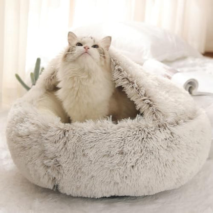 Calming Cat Cave Bed with Hooded Cover, Short-Haired Plush Washable Bed with Non-Slip Bottom, Comfortable and Cozy Round Bed for Small and Medium Cats, Anti-Anxiety Pet Bed(40cm/15.7inches, Gray)