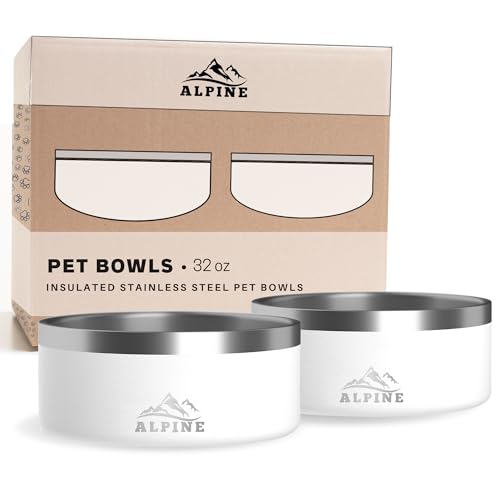ALPINE Set of 2 Stainless Steel Dog Bowls, Non Slip, Metal Pet Bowl for Food and Water, Double Walled Insulated, Rustproof, Dishwasher Safe (32 oz, White) - color: White, size: 32 oz