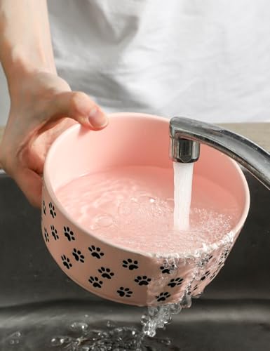UBEE 6.5 inch Dog Bowls Set of 2, Ceramic Dog Food Water Bowl Dishes with Paw Pattern, Pet Food Water Dish Feeding for Small and Meidum Dogs and Large Cat, Pink - color: Pink-paw, size: 6.5 inch x 2