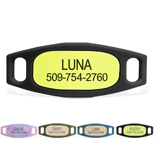 GoTags Active Silent Dog Tag, Personalized Engraved Silicone and Cat Name Pet ID Tags, Soundless Quiet Slide On Nameplate for Collars, No More Jingling Tags (Neon Green, Small) - color: Active Neon Green, size: Small (Pack of 1)