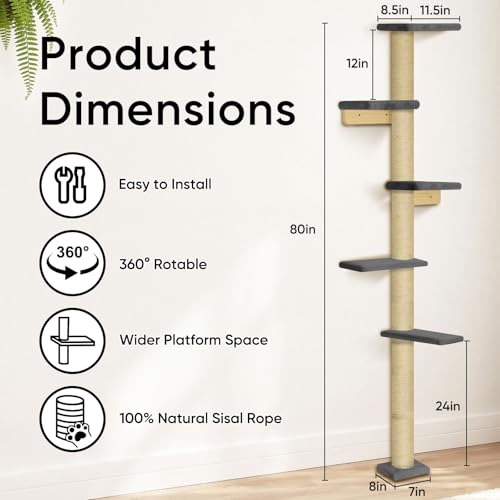 80" Floor to Ceiling Cat Tower, 5-Tier Wall-Mounted Cat Tree with Sisal Scratching Posts, Space-Saving Vertical Cat Furniture for Climbing & Lounging, Indoor Cat Playground, Dark Grey