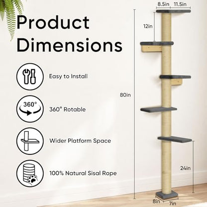 80" Floor to Ceiling Cat Tower, 5-Tier Wall-Mounted Cat Tree with Sisal Scratching Posts, Space-Saving Vertical Cat Furniture for Climbing & Lounging, Indoor Cat Playground, Dark Grey