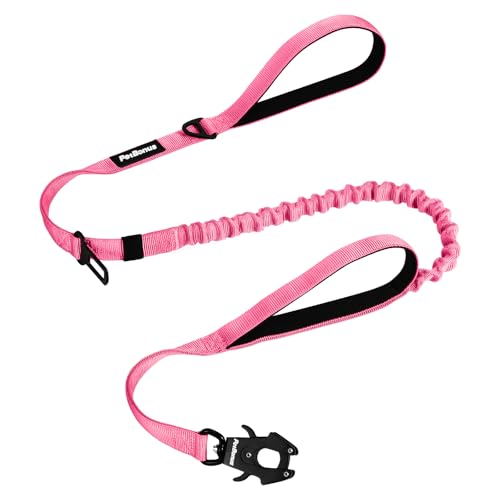 Heavy Duty Tactical Dog Leash, 5 FT Bungee Shock Absorption Leash with 2 Padded Handles, Quick Release Metal Clip, Car Seatbelt, No Pull Training Lead for Large Medium Dogs（Pink） - color: Pink
