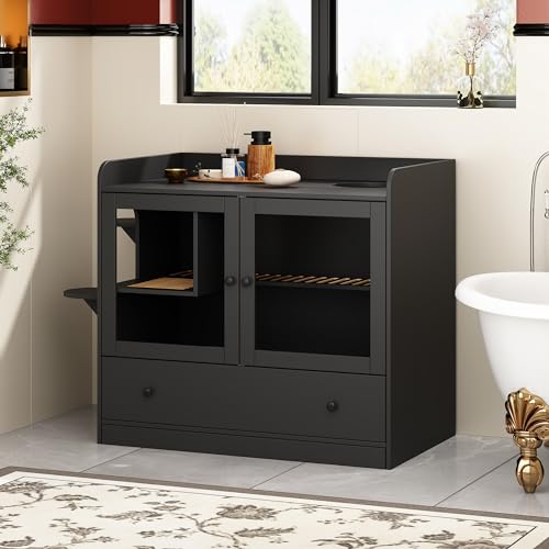 Extra Large Cat Litter Box Enclosure Furniture Hidden, Cat Condo Cabinet Pet House with Stairs for 2, Nightstand Side Table witha Large Drawer for Living Room, Black - color: Black