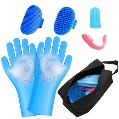 7 Pcs Bathing Kit with Storage Bag for Dogs & Cats Includes Pet Grooming Gloves, Dog Bath Brush & Finger Toothbrush All-in-One Pet Care (Ocean Blue) - color: Ocean Blue