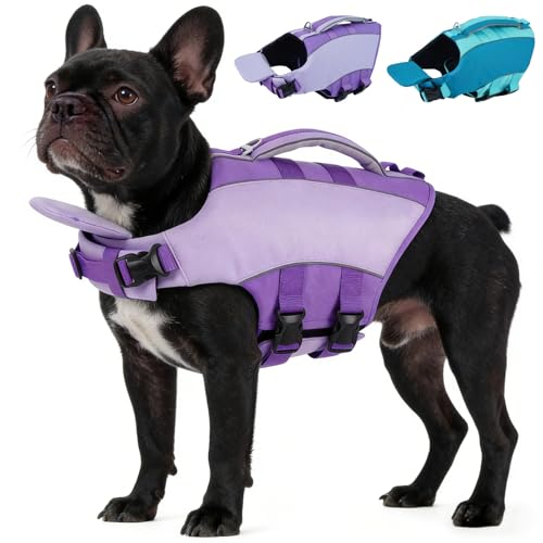 Kuoser Dog Life Jacket, Anti-Choke Head Support Float Dog Life Vest for Swimming Boating, Reflective Pet Swim Suit with Rescue Handle & D-Ring & Chin Float for Dulldog Dachshund, Purple XS - color: Purple, size: XS(Chest:13"-18.1")