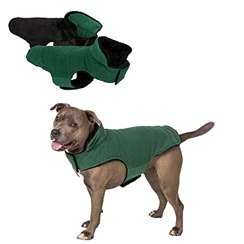 Furhaven Reversible Medium Dog Coat, Washable & Insulating w/ Leash Access - Faux Fur & Quilted Fleece Flex-Fit Jacket - Black/Green, Medium - color: Black/Green, size: Medium