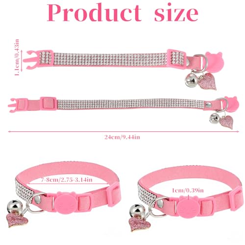2 Pack Rhinestone Kitten Collar with Bell, Cat Collar with Rhinestone Bell, Adjustable Soft Fancy Bling Safety Cute Comfy Diamond Collars for Tiny Cats, Small Dogs, Rabbits (Pink, Black)