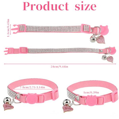 2 Pack Rhinestone Kitten Collar with Bell, Cat Collar with Rhinestone Bell, Adjustable Soft Fancy Bling Safety Cute Comfy Diamond Collars for Tiny Cats, Small Dogs, Rabbits (Pink, Black)