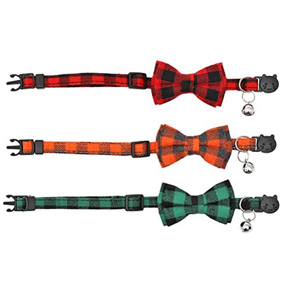 Christmas Cat Collar Halloween Thanksgiving Day Fall Breakaway with Cute Bow Tie and Bell for Kitty Adjustable Safety Plaid - color: Red+Green+Orange