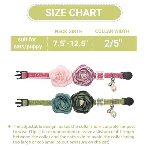 Cat Collars with Bell - 2 Pack Breakaway Floral Cute Cat Collars for Girl Boy Cats, Kitten, Puppy - Adjustable (7.5"-12.5") Soft Velvet Cat Collar Accessories - color: pink+green