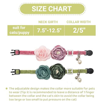 Cat Collars with Bell - 2 Pack Breakaway Floral Cute Cat Collars for Girl Boy Cats, Kitten, Puppy - Adjustable (7.5"-12.5") Soft Velvet Cat Collar Accessories - color: pink+green