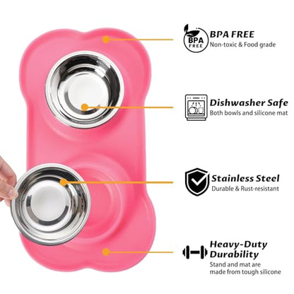 Pet Dog Bowls 2 Stainless Steel Dog Bowl with No Spill Non-Skid Silicone Mat + Pet Food Scoop Water and Food Feeder Bowls for Feeding Small Medium Large Dogs Cats Puppies (Pink, Small) - color: pink, size: Small