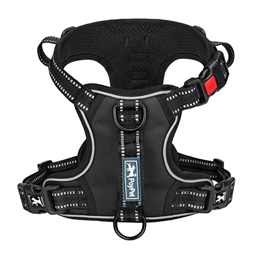 PoyPet No Pull Dog Harness, No Choke Front Clip Reflective Dog Vest with Soft Padded Vertical Handle, 3 Leash Attachments for Small Medium Large Dogs (Black,L) - color: Black, size: Large