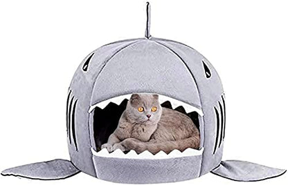 Cat Litter Hot Cat Mat Shark-Shaped House Warm Kennel Kitten Bed One Mat Two Usage Shark Bed for Small Cats Dog Cave Cozy Bed Removable （Light Grey）