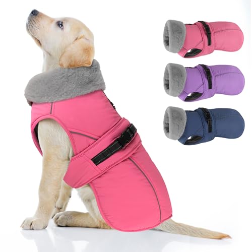 Dog Coat Medium, Windproof Dog Jacket with Warm Fleece Lining, Thickened Collar Dogs Winter Coat, Adjustable Reflective Pet Coats for Cold Weather (Pink, Medium) - color: Pink, size: Medium